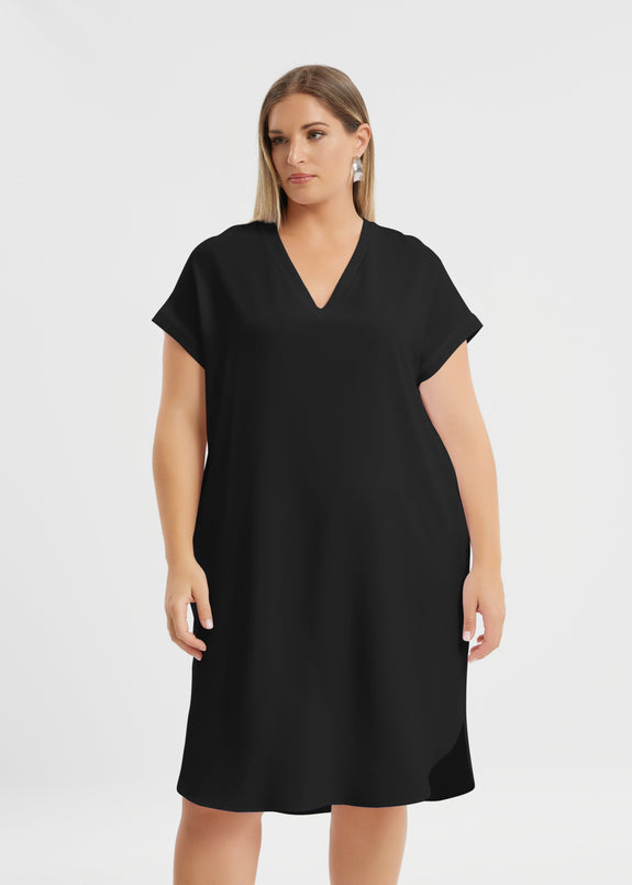 front view of Mat plus size polyester textured air-wash V-neck Short Sleeve Dress in black