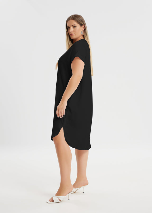 side view of Mat plus size polyester textured air-wash V-neck Short Sleeve Dress in black