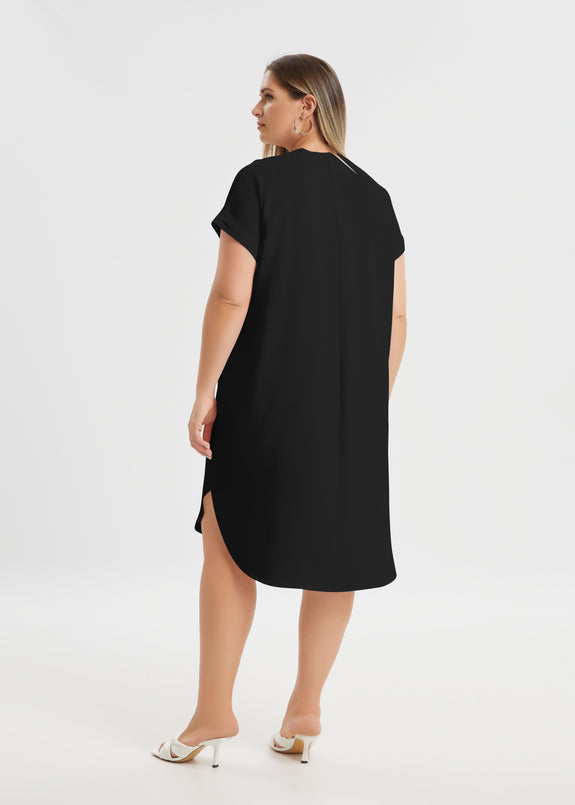 back view of Mat plus size polyester textured air-wash V-neck Short Sleeve Dress in black