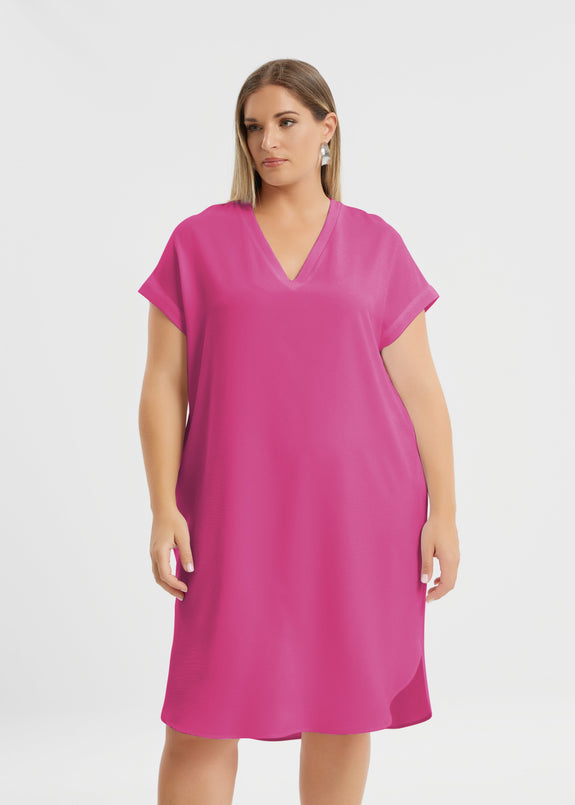 front view of Mat plus size polyester textured air-wash V-neck Short Sleeve Dress in bright pink
