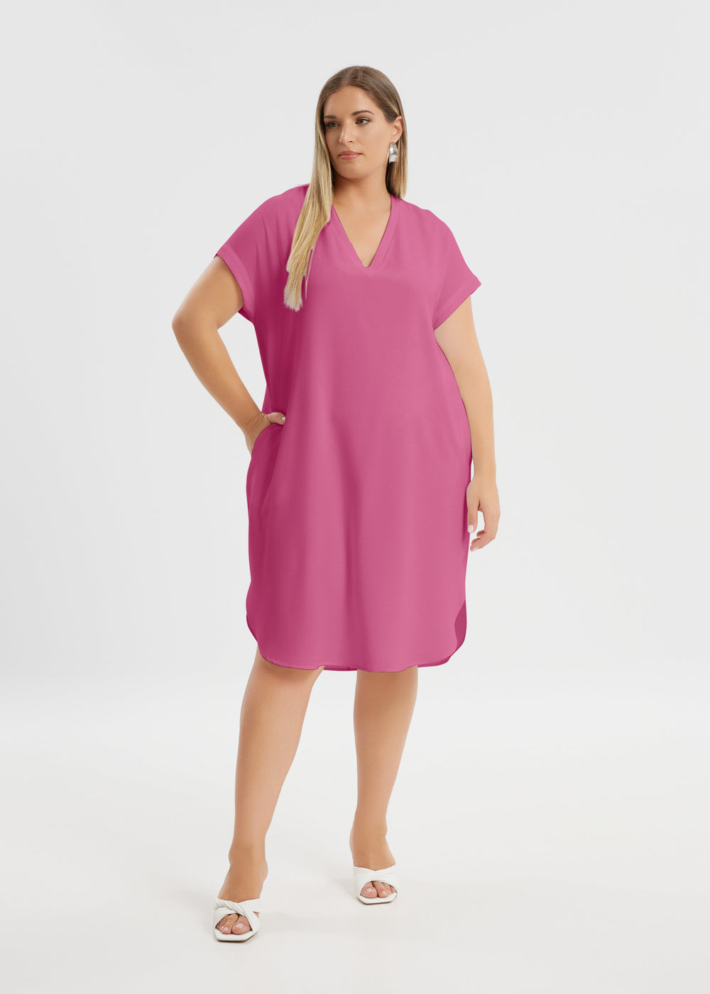 front view of Mat plus size polyester textured air-wash V-neck Short Sleeve Dress in bright pink