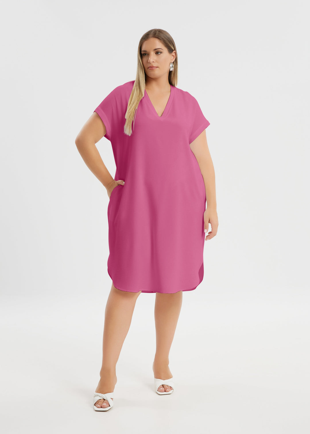 front view of Mat plus size polyester textured air-wash V-neck Short Sleeve Dress in bright pink