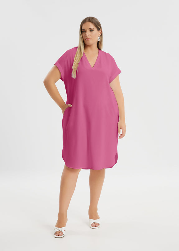front view of Mat plus size polyester textured air-wash V-neck Short Sleeve Dress in bright pink