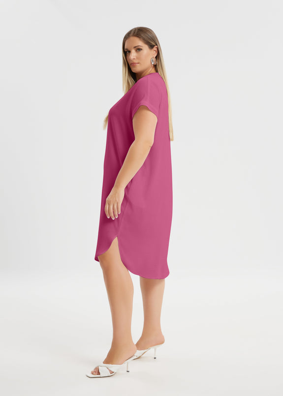 side view of Mat plus size polyester textured air-wash V-neck Short Sleeve Dress in bright pink