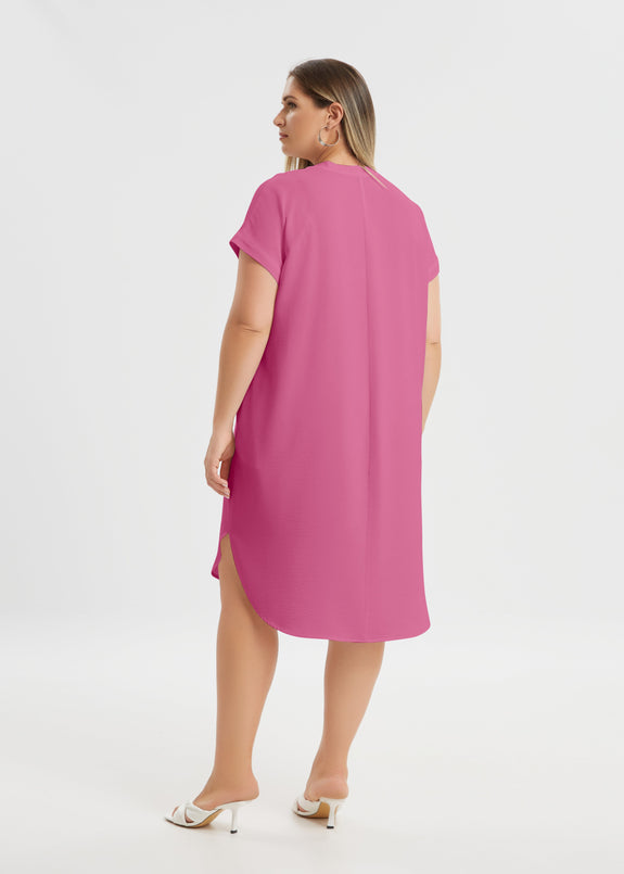 back view of Mat plus size polyester textured air-wash V-neck Short Sleeve Dress in bright pink