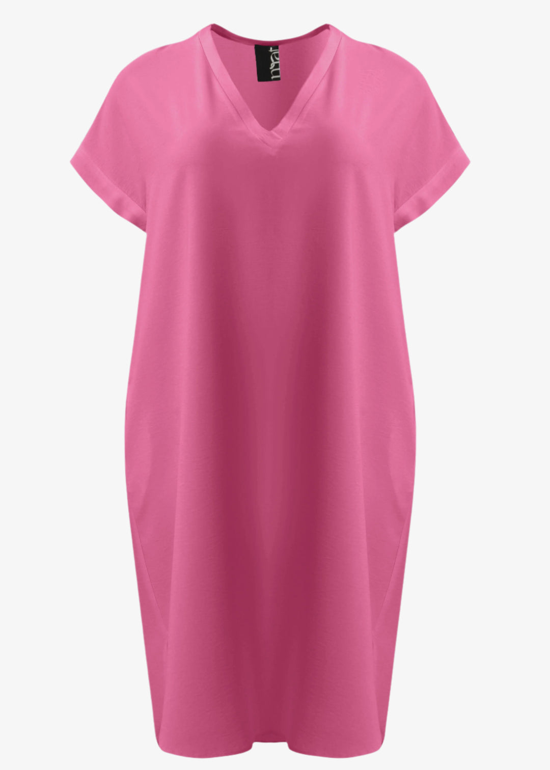 front view of Mat plus size polyester textured air-wash V-neck Short Sleeve Dress in bright pink