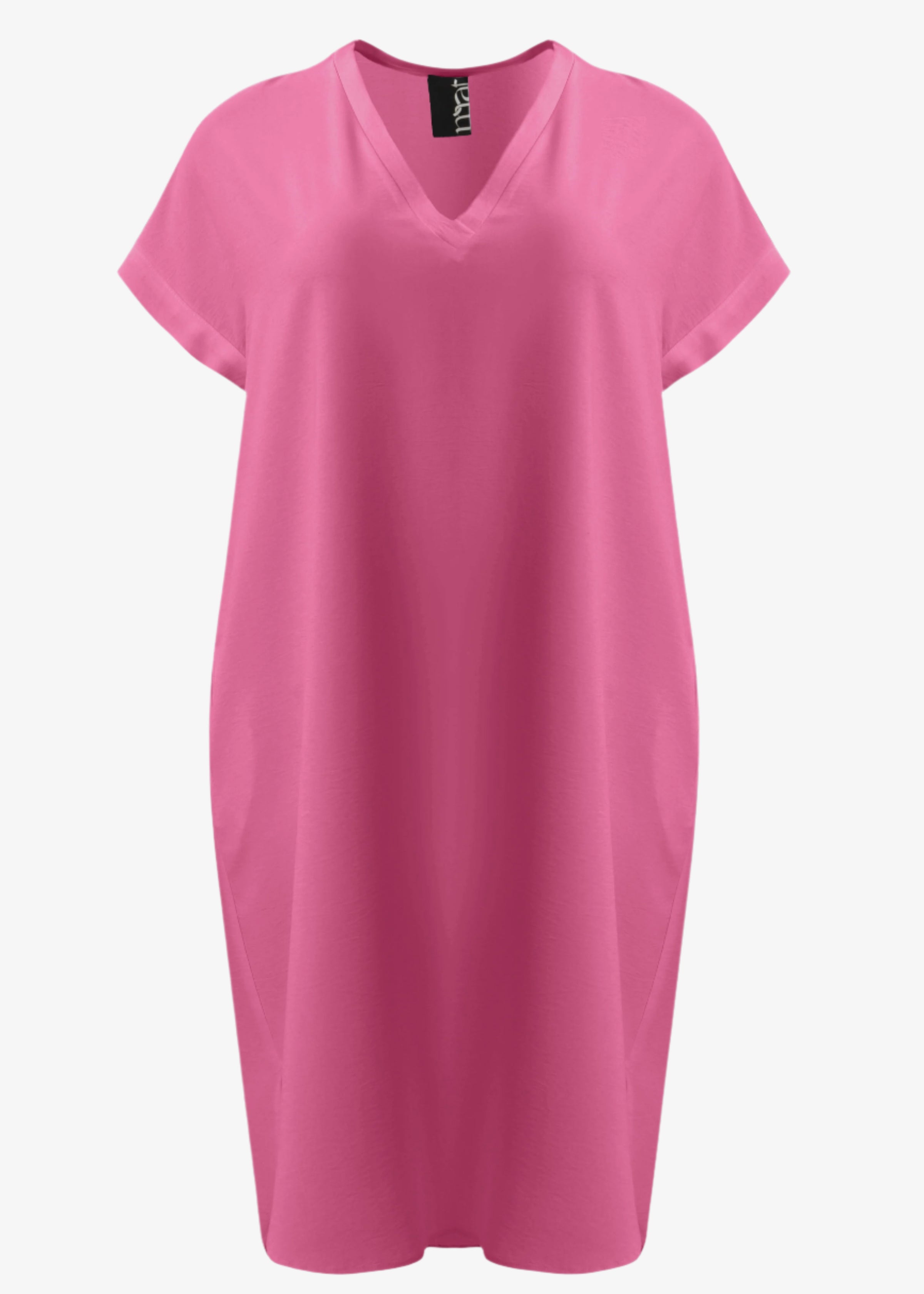 front view of Mat plus size polyester textured air-wash V-neck Short Sleeve Dress in bright pink