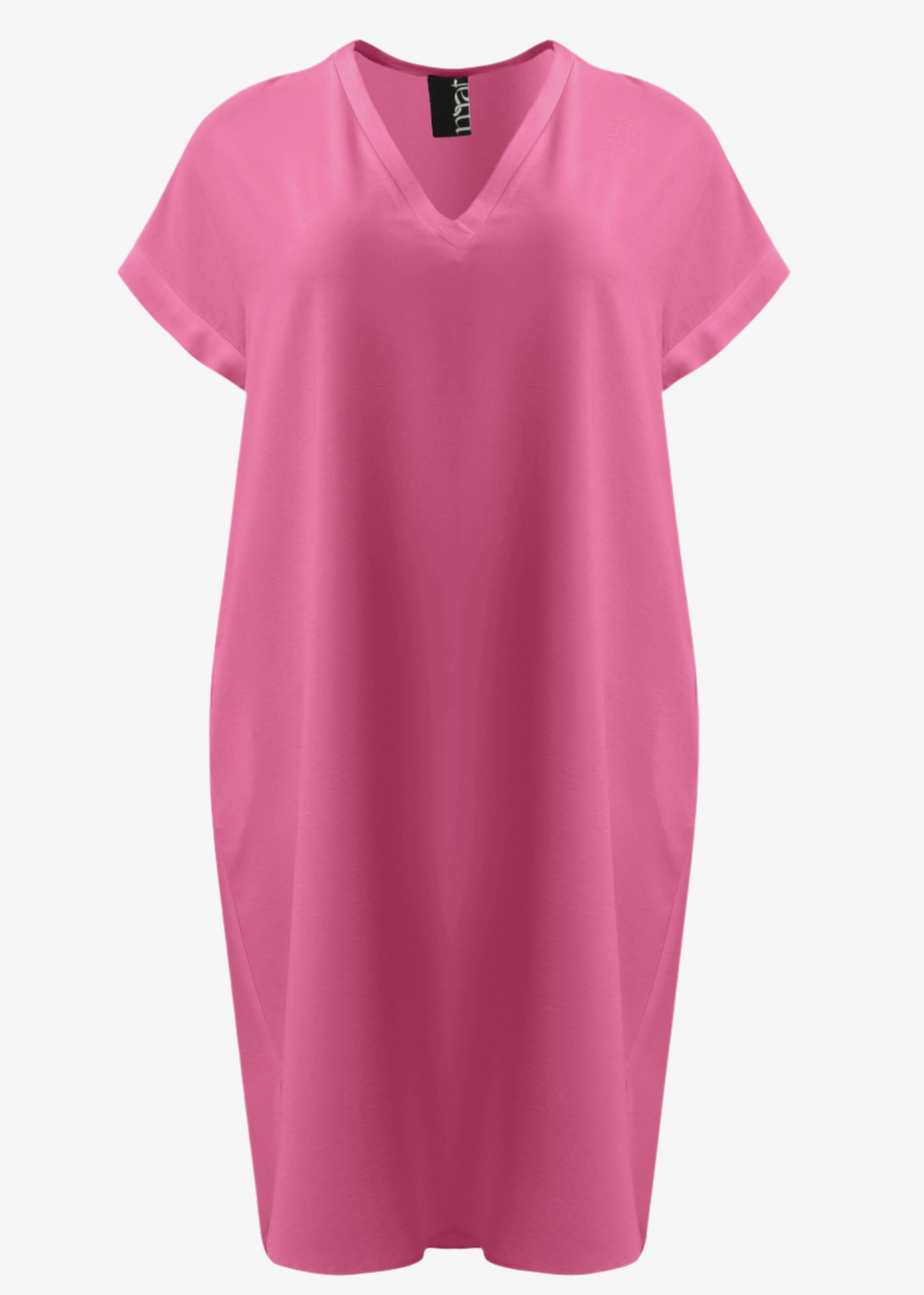 front view of Mat plus size polyester textured air-wash V-neck Short Sleeve Dress in bright pink