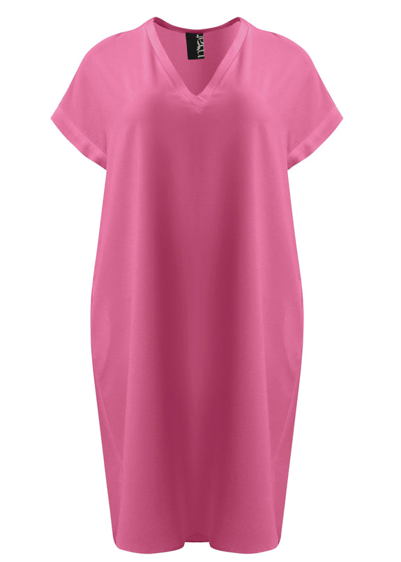 front view of Mat plus size polyester textured air-wash V-neck Short Sleeve Dress in bright pink