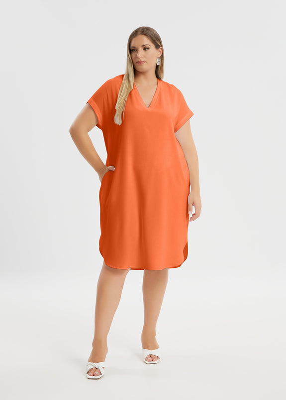 front view of Mat plus size polyester textured air-wash V-neck Short Sleeve Dress in coral