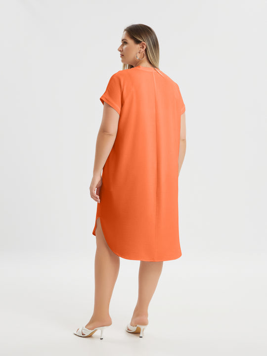 Mat air-wash V-neck Short Sleeve Dress in Coral