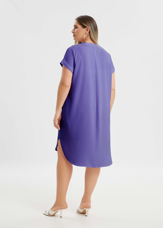 back view of Mat plus size polyester textured air-wash V-neck Short Sleeve Dress in Lilac