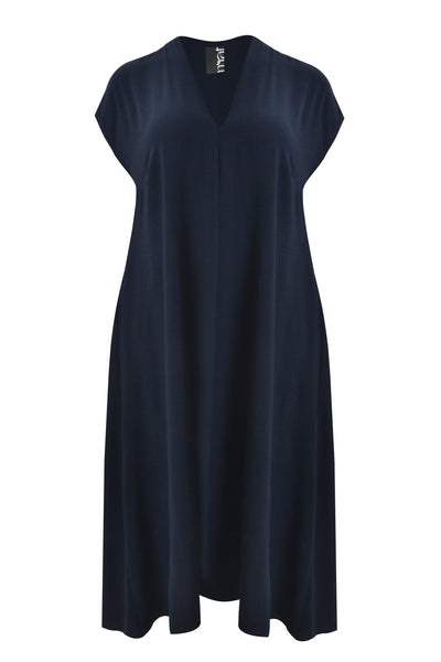 Mat air-washed A-line Midi Dress with Pockets in Navy Blue