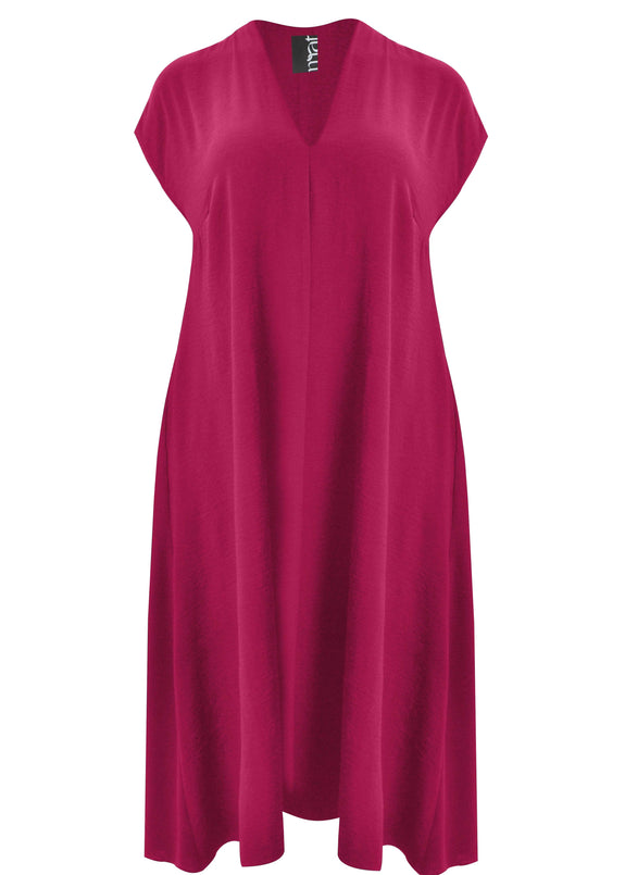 front view of Mat plus size  air-washed poly A-line Midi Dress with Pockets in Fuchsia