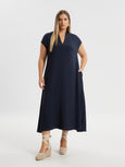 Mat air-washed A-line Midi Dress with Pockets in Navy Blue