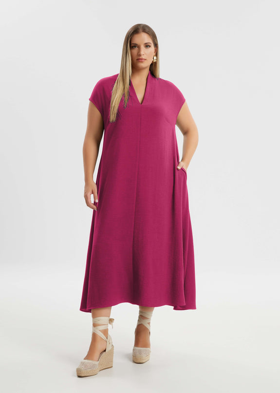 front view of Mat plus size  air-washed poly A-line Midi Dress with Pockets in Fuchsia