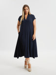 Mat air-washed A-line Midi Dress with Pockets in Navy Blue