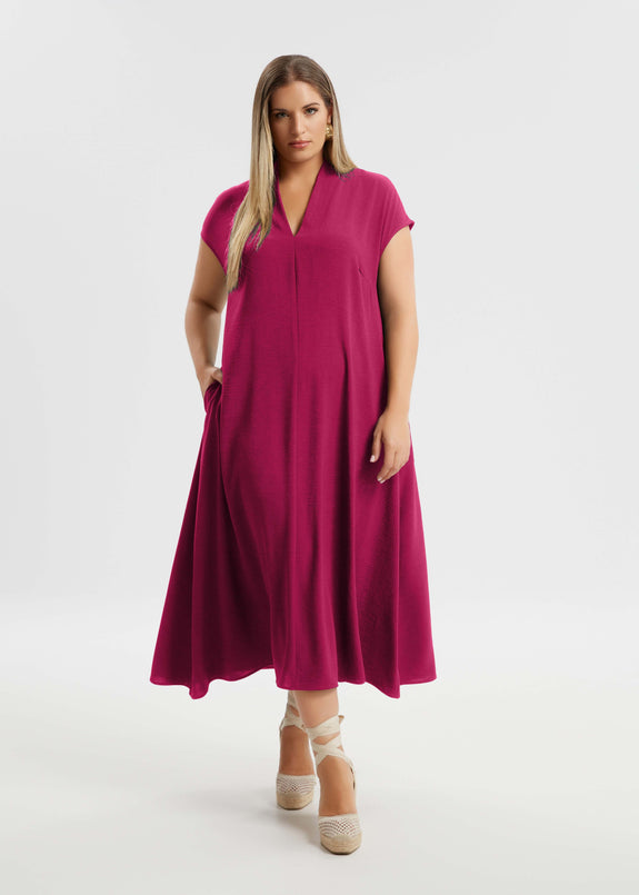 front view of Mat plus size  air-washed poly A-line Midi Dress with Pockets in Fuchsia