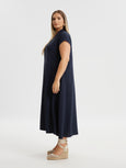 Mat air-washed A-line Midi Dress with Pockets in Navy Blue