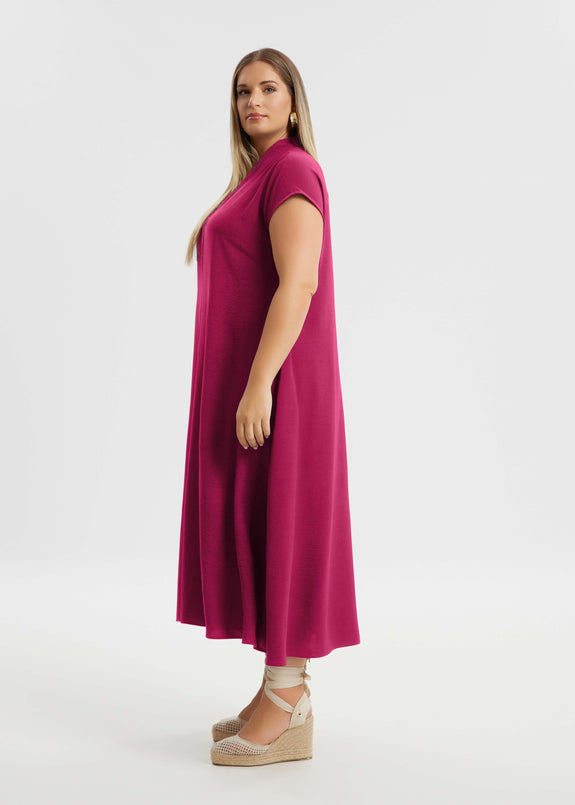 side view of Mat plus size  air-washed poly A-line Midi Dress with Pockets in Fuchsia