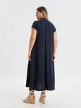 Mat air-washed A-line Midi Dress with Pockets in Navy Blue