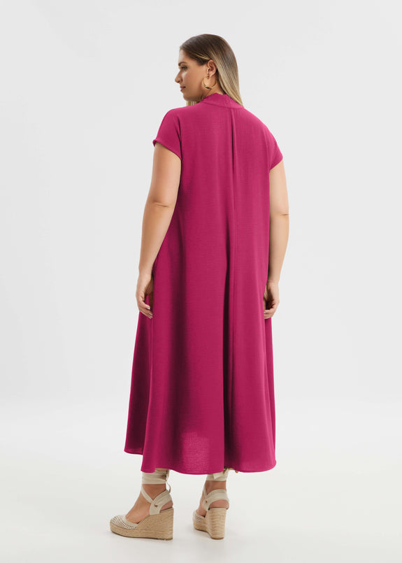 back view of Mat plus size  air-washed poly A-line Midi Dress with Pockets in Fuchsia