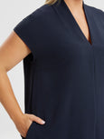 Mat air-washed A-line Midi Dress with Pockets in Navy Blue