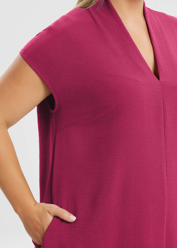close up front view of Mat plus size  air-washed poly A-line Midi Dress with Pockets in Fushcia