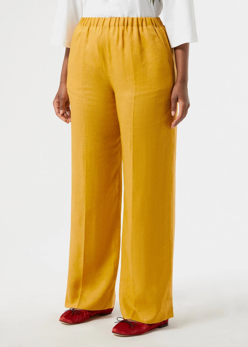 front view of plus size Marina Rinaldi Rocco Pull On Linen Straight Leg Pant in Honey