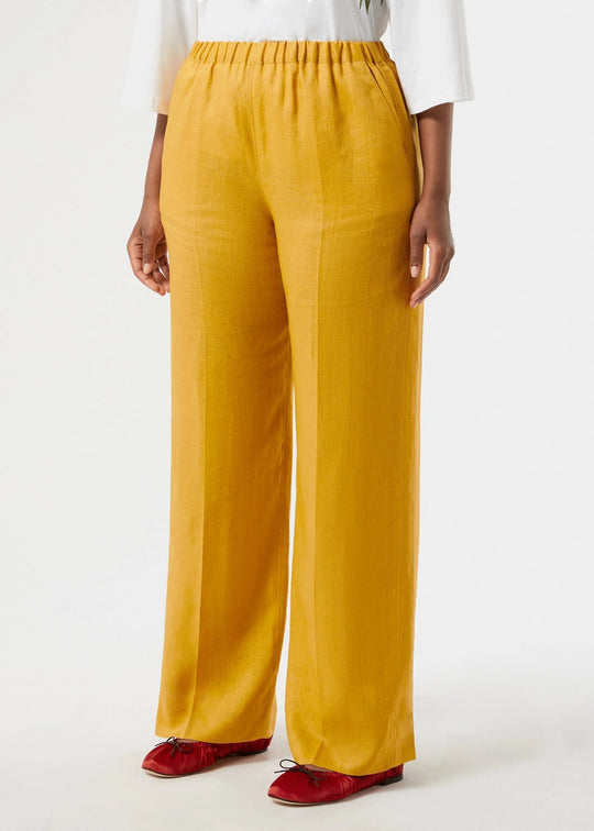 front view of plus size Marina Rinaldi Rocco Pull On Linen Straight Leg Pant in Honey