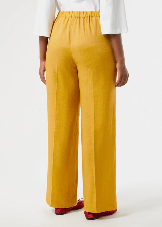 back view of plus size Marina Rinaldi Rocco Pull On Linen Straight Leg Pant in Honey