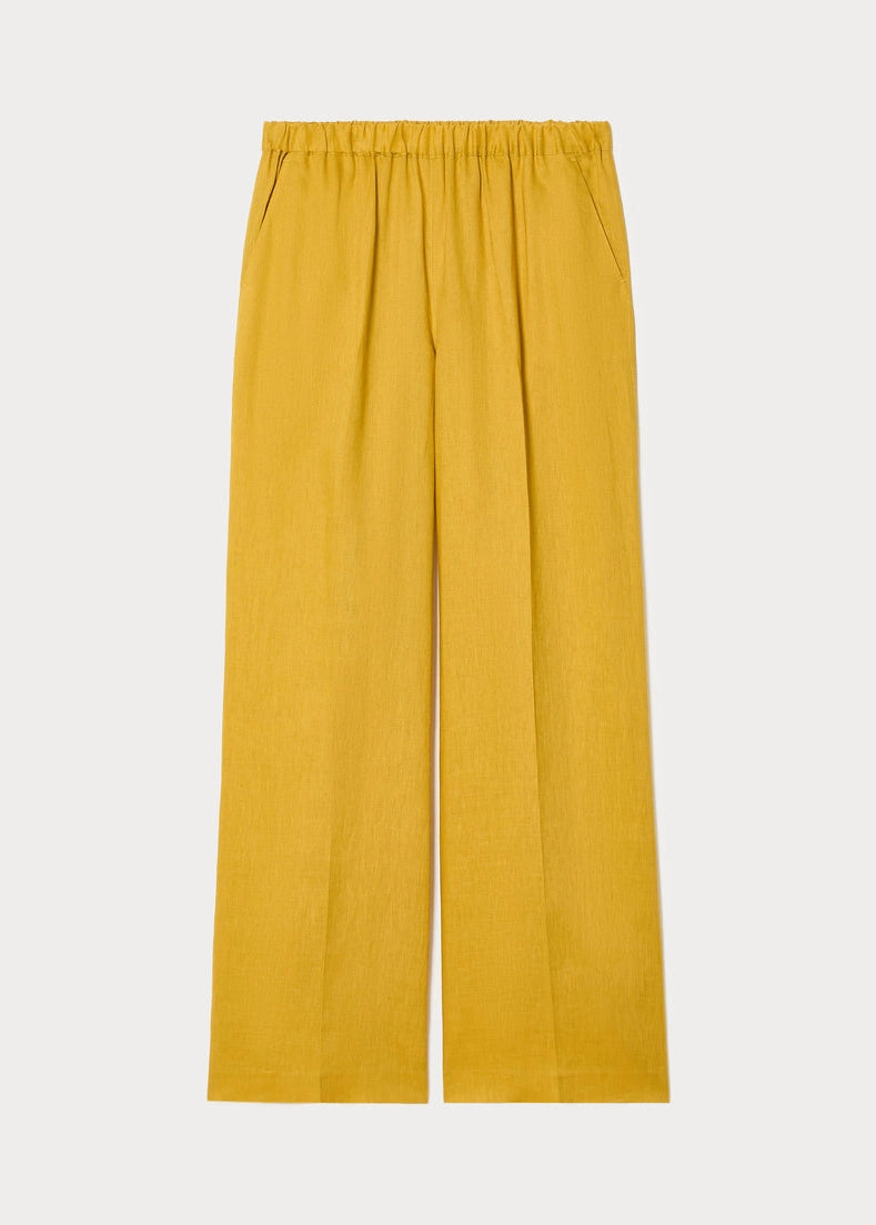 front view of plus size Marina Rinaldi Rocco Pull On Linen Straight Leg Pant in Honey