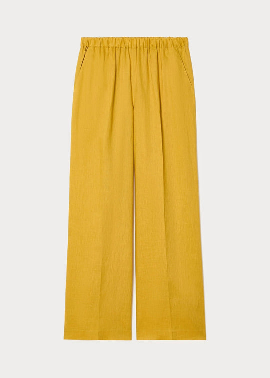 front view of plus size Marina Rinaldi Rocco Pull On Linen Straight Leg Pant in Honey