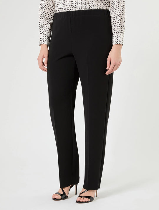 Black pull-on pants with elastic waist and straight ankle-length leg, front view