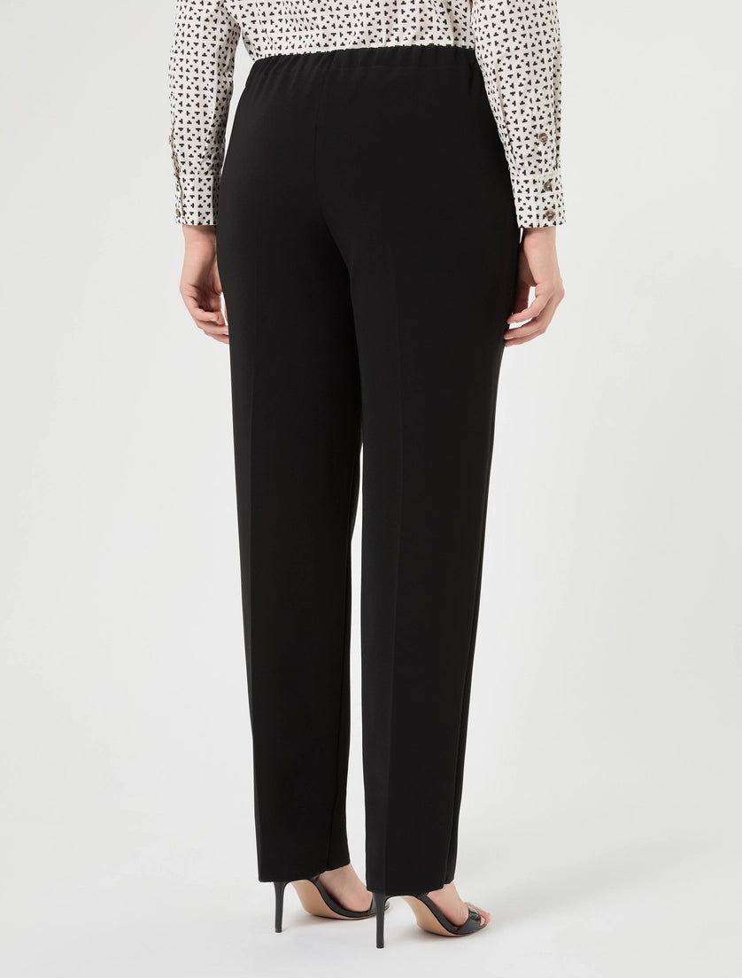 Black pull-on pants with elastic waist and straight ankle-length leg