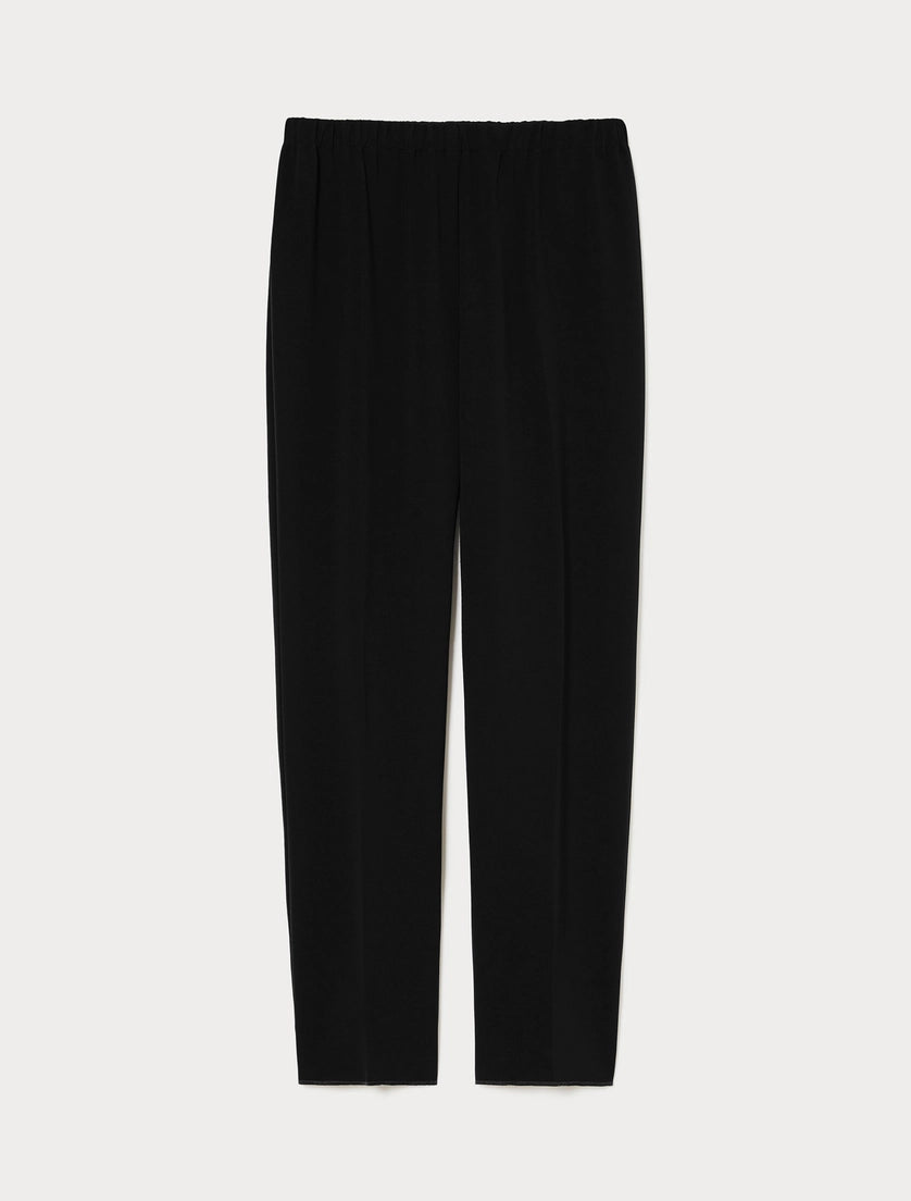 Black straight ankle-length pants with elastic waist, flat lay
