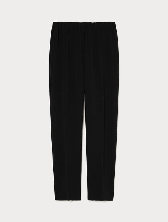 Black straight ankle-length pants with elastic waist, flat lay