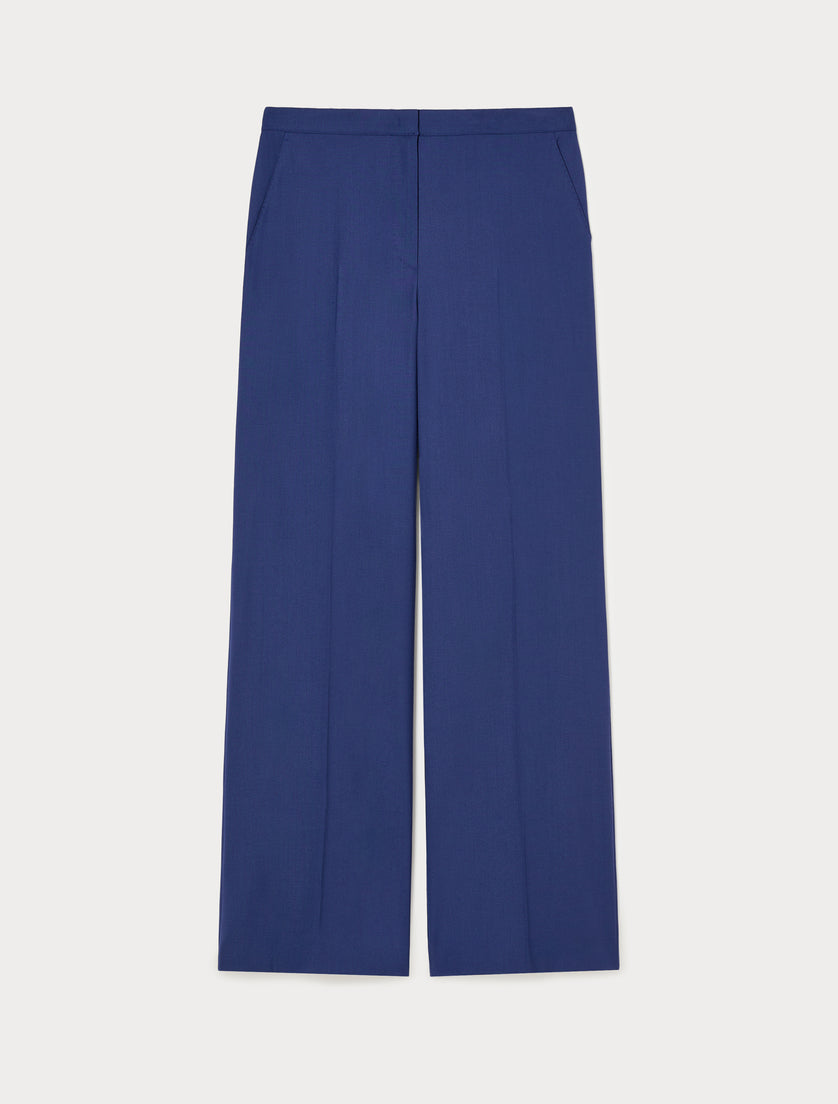 Wide-leg tailored trousers in deep blue with fly front and pressed creases, front view