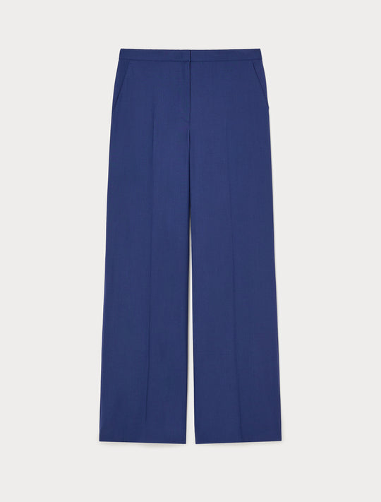 Wide-leg tailored trousers in deep blue with fly front and pressed creases, front view
