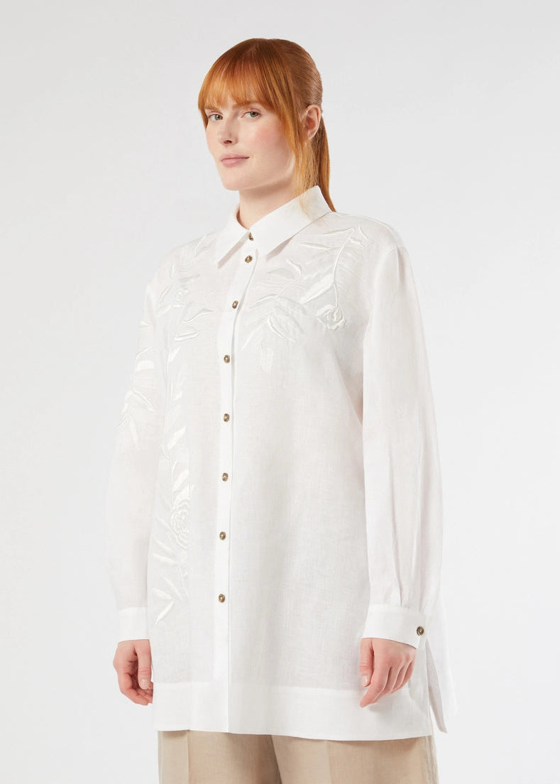 front view of plus size Marina Rinaldi Grembo Embellished Linen Long Shirt in Optical White