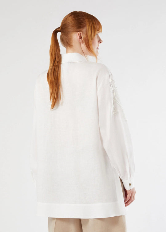 back view of plus size Marina Rinaldi Grembo Embellished Linen Long Shirt in Optical White