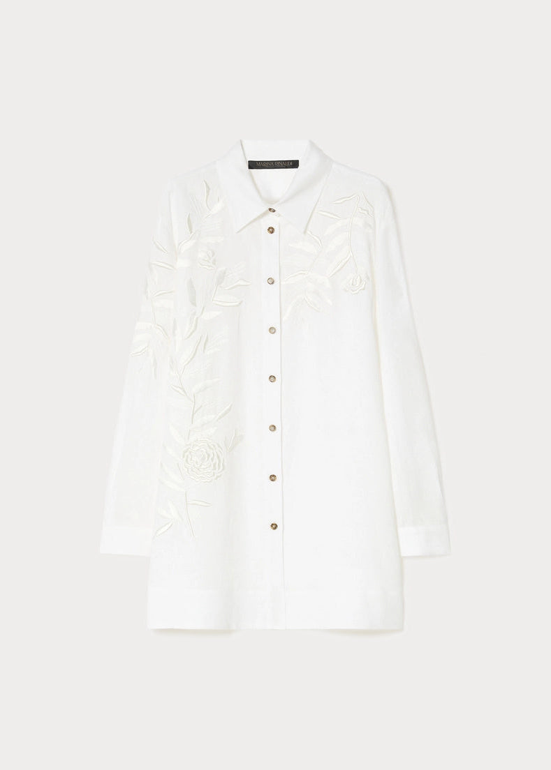 front view of plus size Marina Rinaldi Grembo Embellished Linen Long Shirt in Optical White