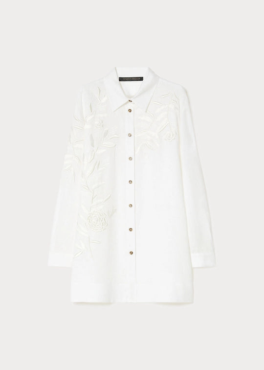 front view of plus size Marina Rinaldi Grembo Embellished Linen Long Shirt in Optical White