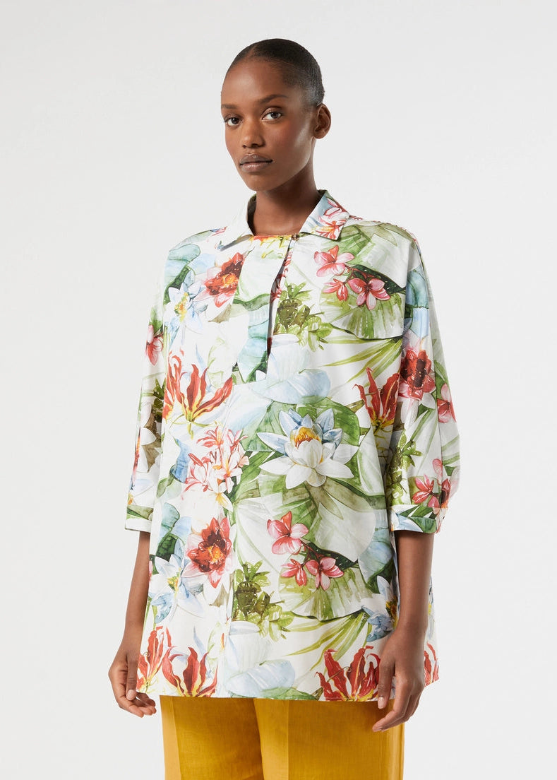 Marina Rinaldi Oscuro Cotton Floral Print Elbow Sleeve 1/2 Placket Shirt in White Ninfee