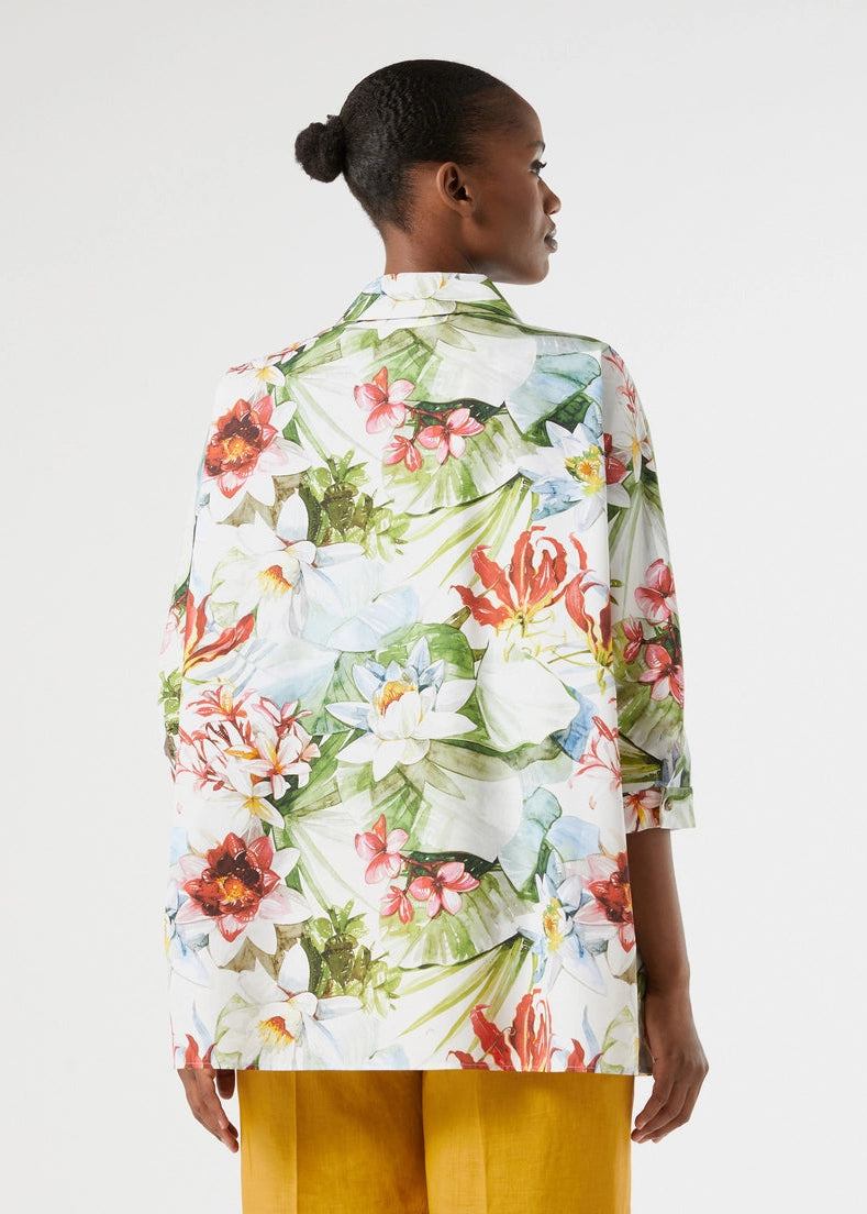 back view of plus size Marina Rinaldi Oscuro Cotton Floral Print Elbow Sleeve 1/2 Placket Shirt in White Ninfee