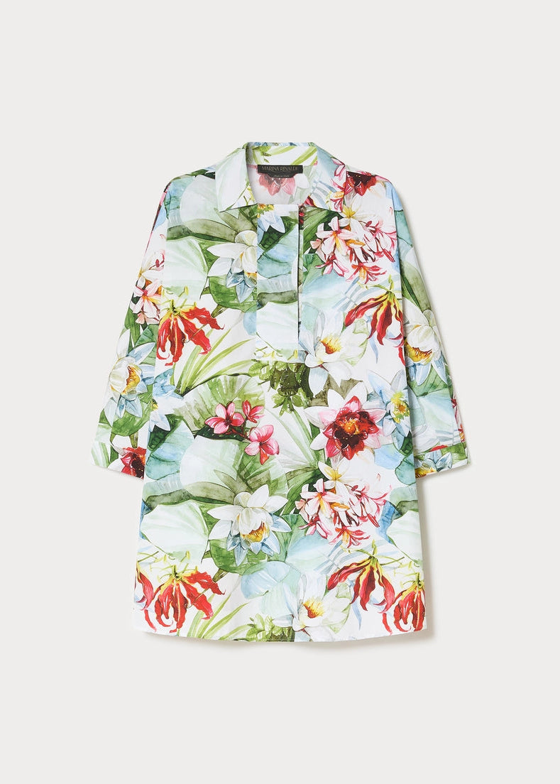 front view of plus size Marina Rinaldi Oscuro Cotton Floral Print Elbow Sleeve 1/2 Placket Shirt in White Ninfee