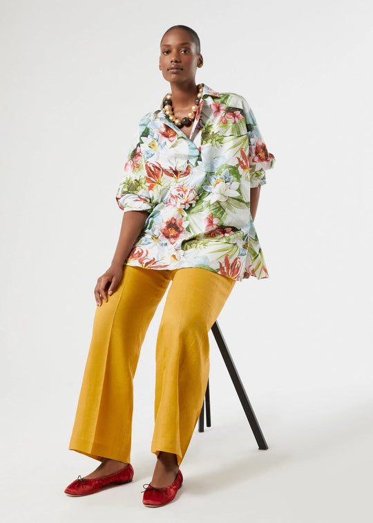 front view of plus size Marina Rinaldi Oscuro Cotton Floral Print Elbow Sleeve 1/2 Placket Shirt in White Ninfee