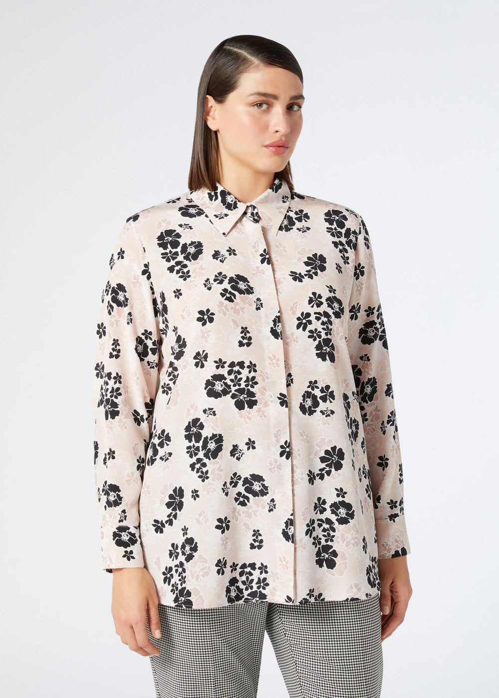 front view of plus size Marina Rinaldi Navile Silk Crepe De Chine Long Sleeve Shirt in Pink Floral