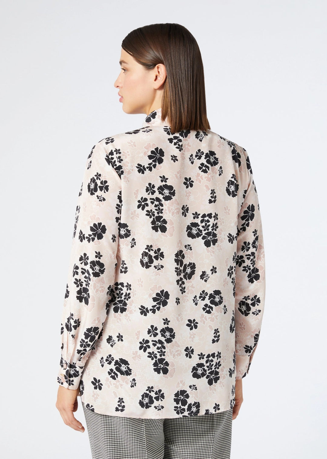 back view of plus size Marina Rinaldi Navile Silk Crepe De Chine Long Sleeve Shirt in Pink Floral
