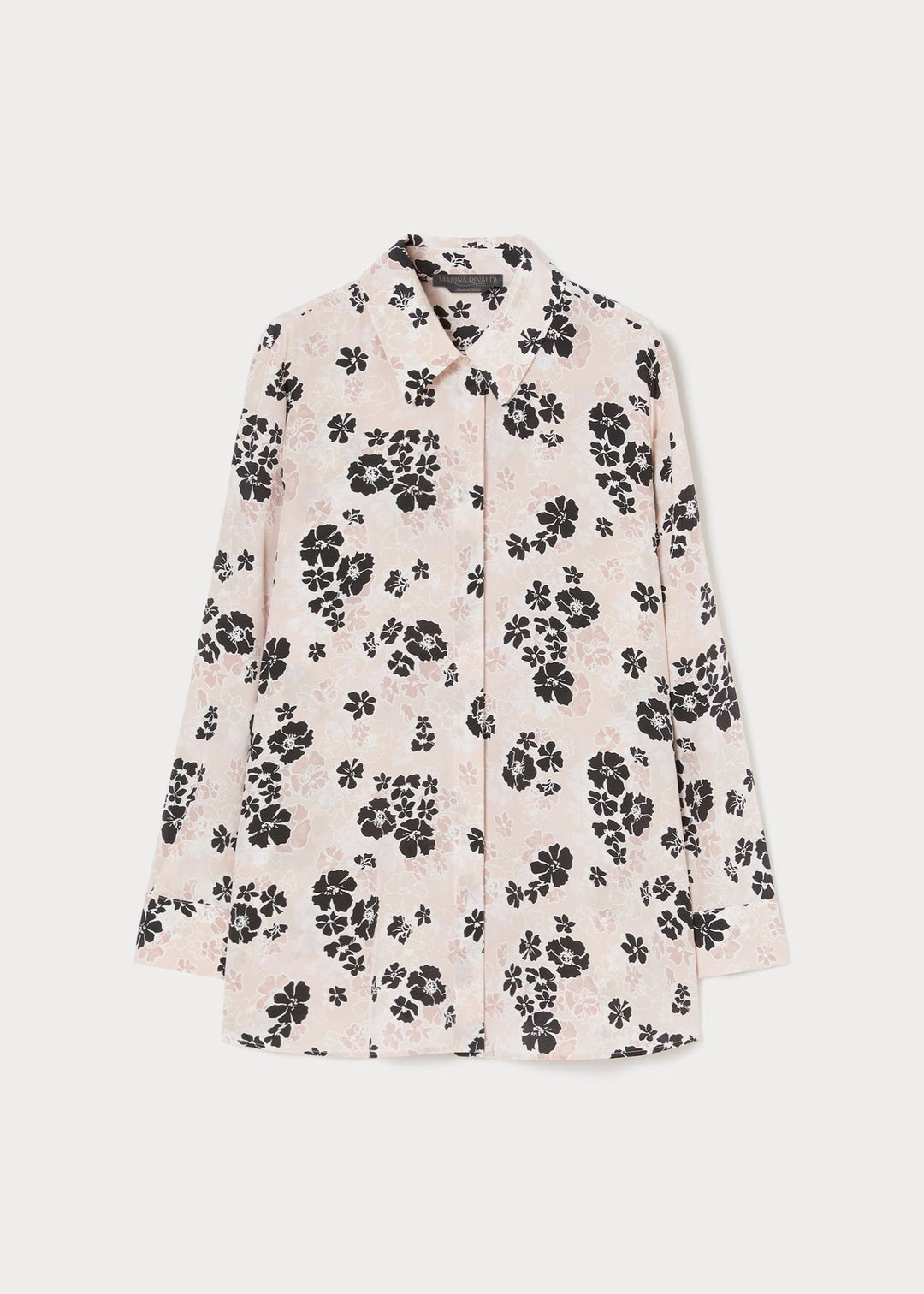 front view of plus size Marina Rinaldi Navile Silk Crepe De Chine Long Sleeve Shirt in Pink Floral